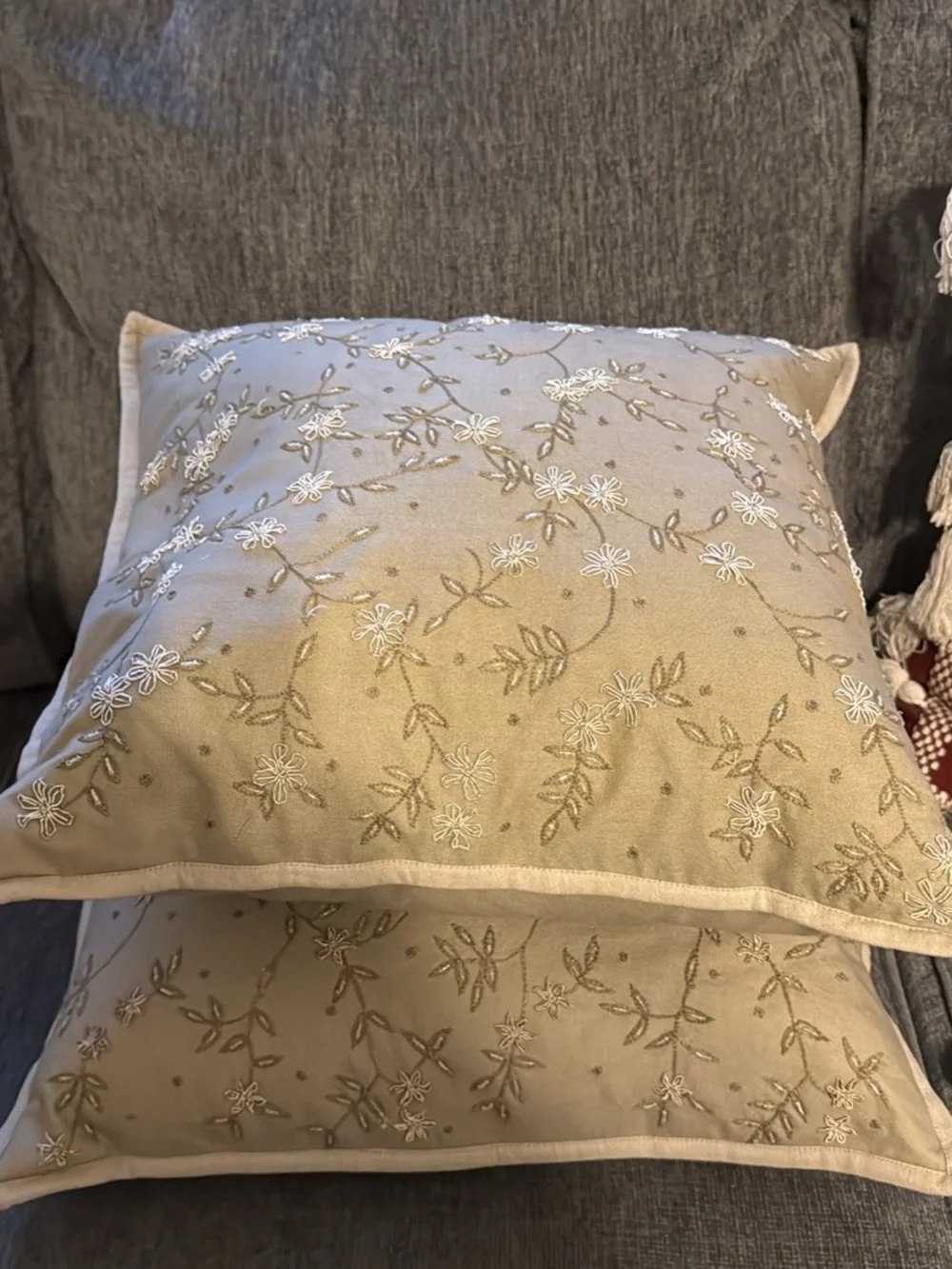 Pottery Barn Embroidered Floral Accent Pillow Pair in Tan
